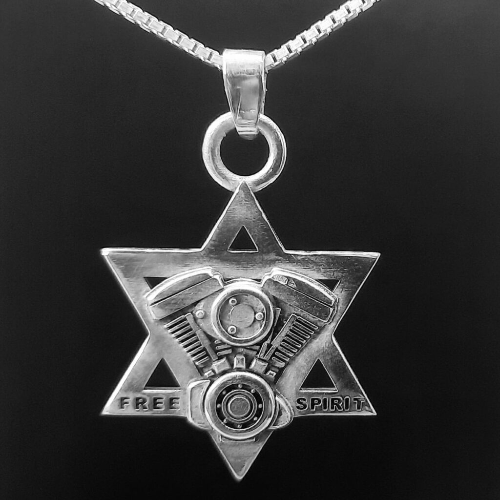 תליון מנוע אופנוע קאסטום על מגן דוד - כסף 925 - Silver 925